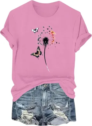 Womens T Shirts Butterfly Flowers Graphic Tees Short Sleeve Summer Cute Vintage Crewneck Loose Boho Vacation Top