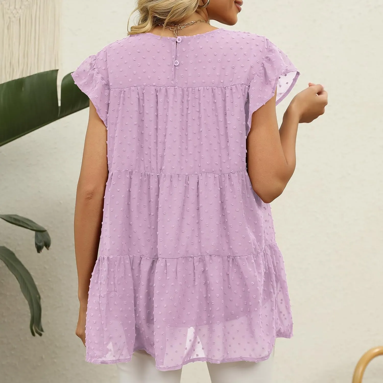Womens T Shirts Summer Casual Tops Ruffle Sleeve Loose Fit Comfort Stitching Fashion Short Sleeve Crewneck Tunic