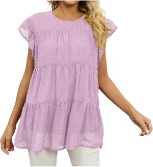Womens T Shirts Summer Casual Tops Ruffle Sleeve Loose Fit Comfort Stitching Fashion Short Sleeve Crewneck Tunic