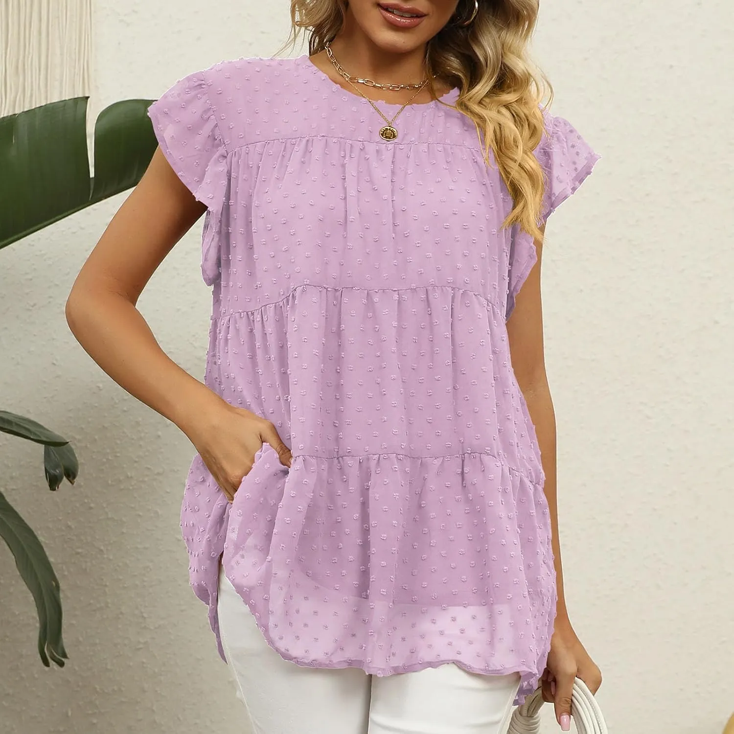 Womens T Shirts Summer Casual Tops Ruffle Sleeve Loose Fit Comfort Stitching Fashion Short Sleeve Crewneck Tunic