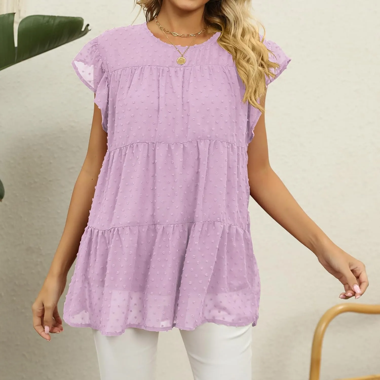 Womens T Shirts Summer Casual Tops Ruffle Sleeve Loose Fit Comfort Stitching Fashion Short Sleeve Crewneck Tunic