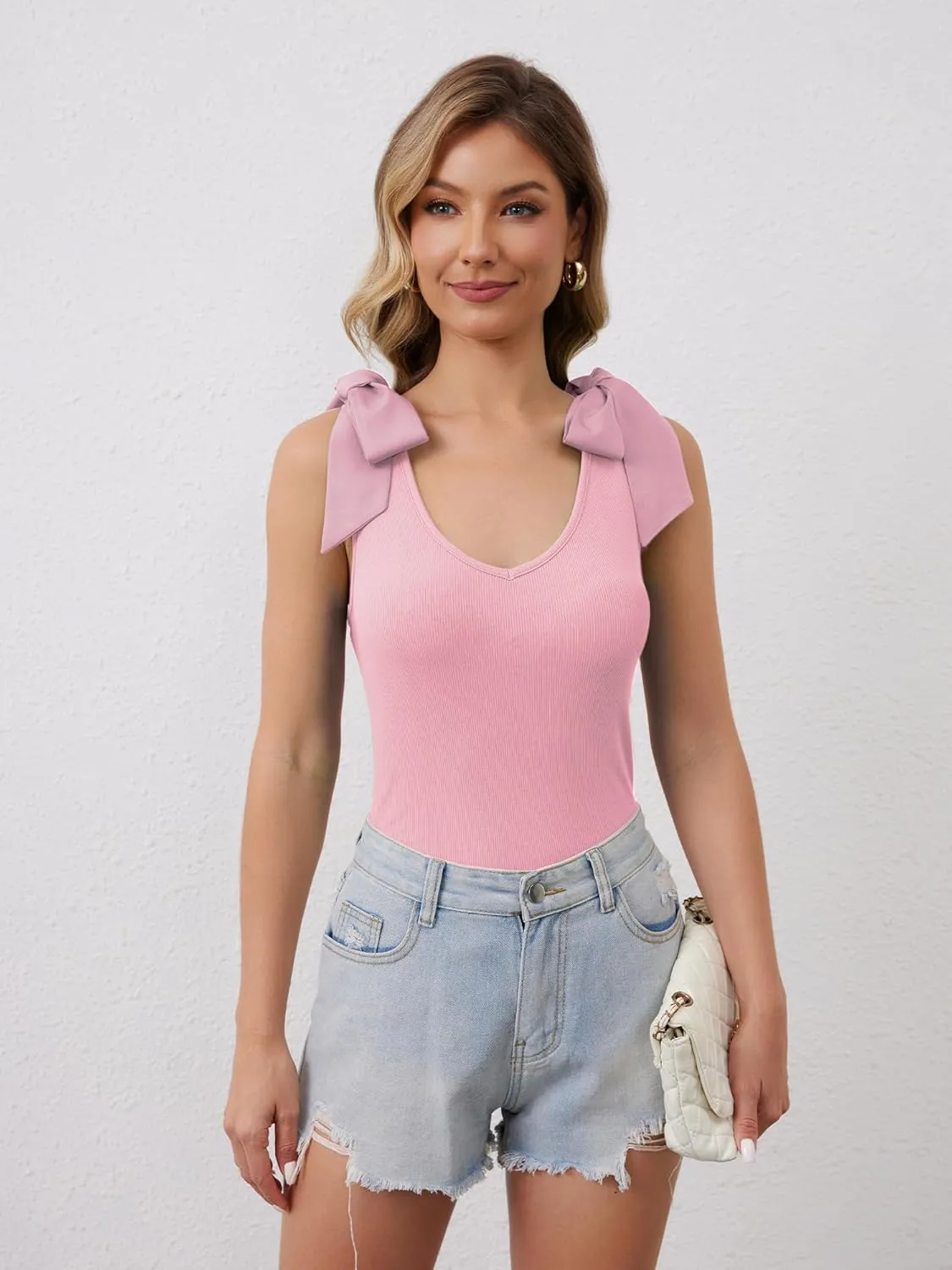 Women's V Neck Sleeveless Tank Tops Cute Bow Tie Shoulder Summer T-Shirts Trendy Going Out Camisoles