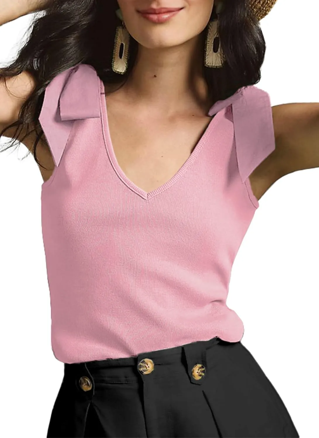 Women's V Neck Sleeveless Tank Tops Cute Bow Tie Shoulder Summer T-Shirts Trendy Going Out Camisoles