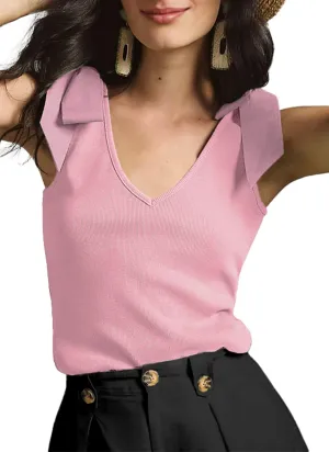 Women's V Neck Sleeveless Tank Tops Cute Bow Tie Shoulder Summer T-Shirts Trendy Going Out Camisoles