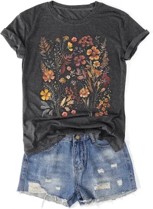 Womens Vintage Flowers T-Shirts Cute Floral Graphic Tees Wildflowers Cottagecore Tshirts Summer Casual Short Sleeve Tops