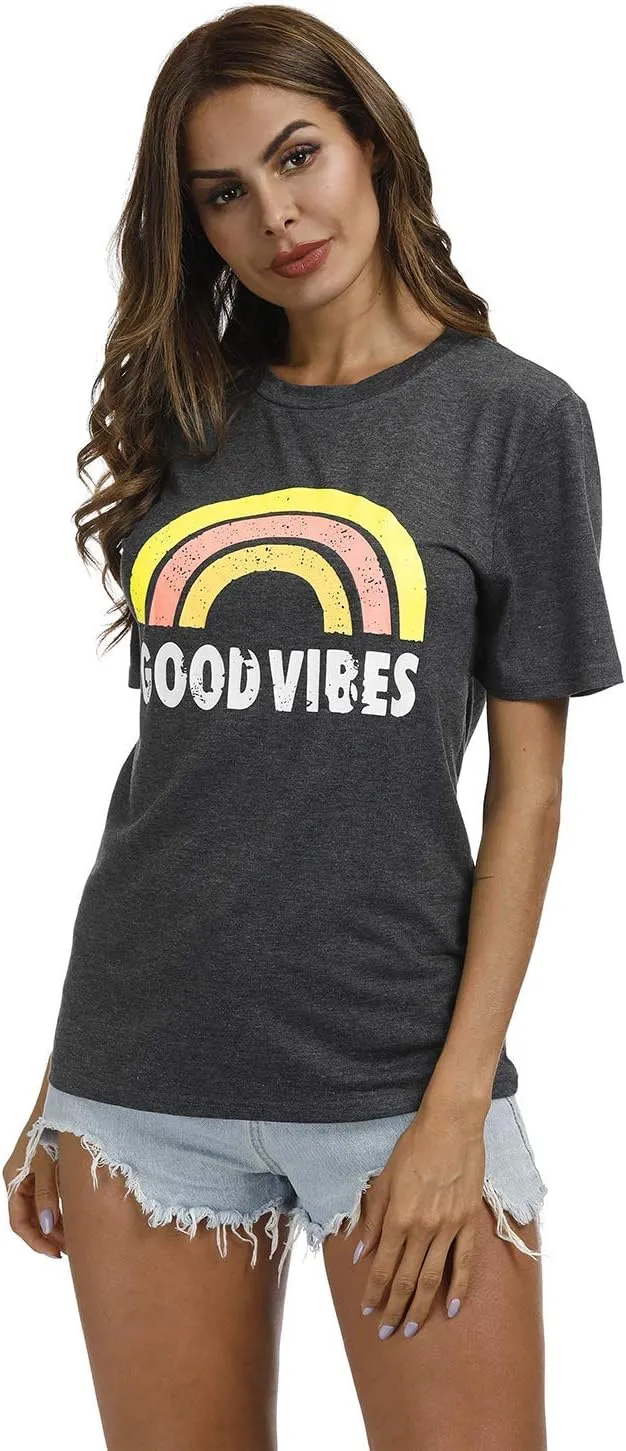 YEXIPO Womens Graphic Tees Short Sleeve Summer Tops Funny Letter Print Crew Neck Casual Loose Cute T Shirts