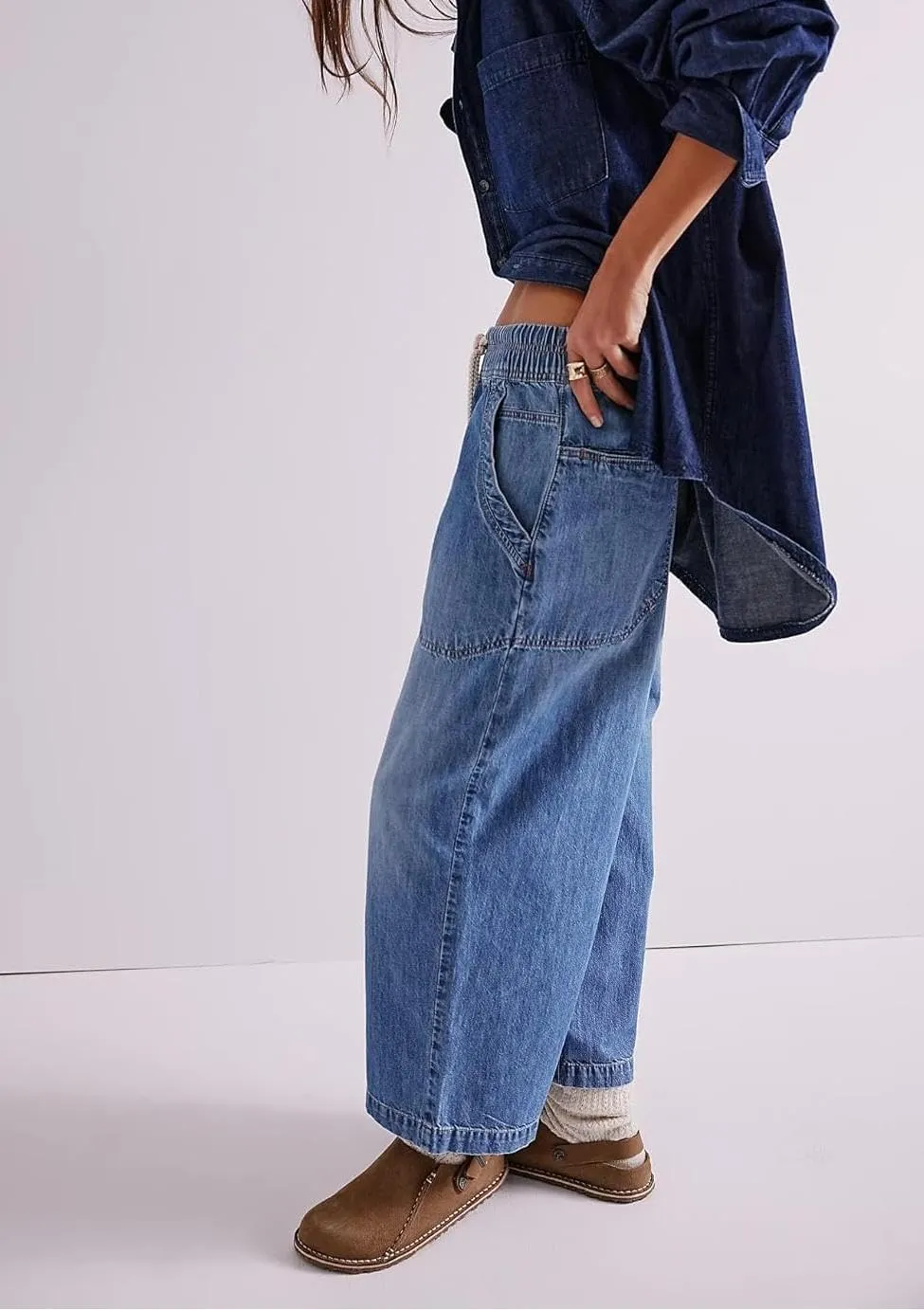 yoeasy Women's Wide Leg Jeans Mid Rise Stretchy Straight Leg Baggy Drawstring Casual Denim Pants