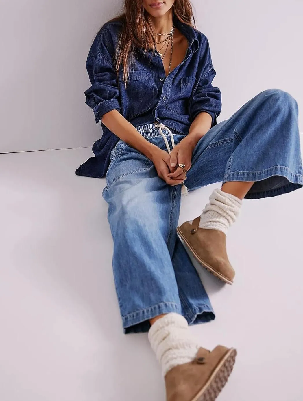 yoeasy Women's Wide Leg Jeans Mid Rise Stretchy Straight Leg Baggy Drawstring Casual Denim Pants
