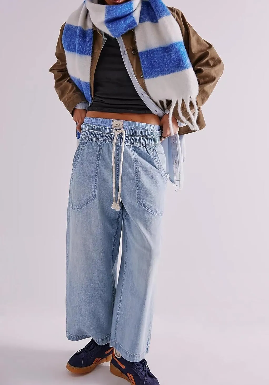 yoeasy Women's Wide Leg Jeans Mid Rise Stretchy Straight Leg Baggy Drawstring Casual Denim Pants