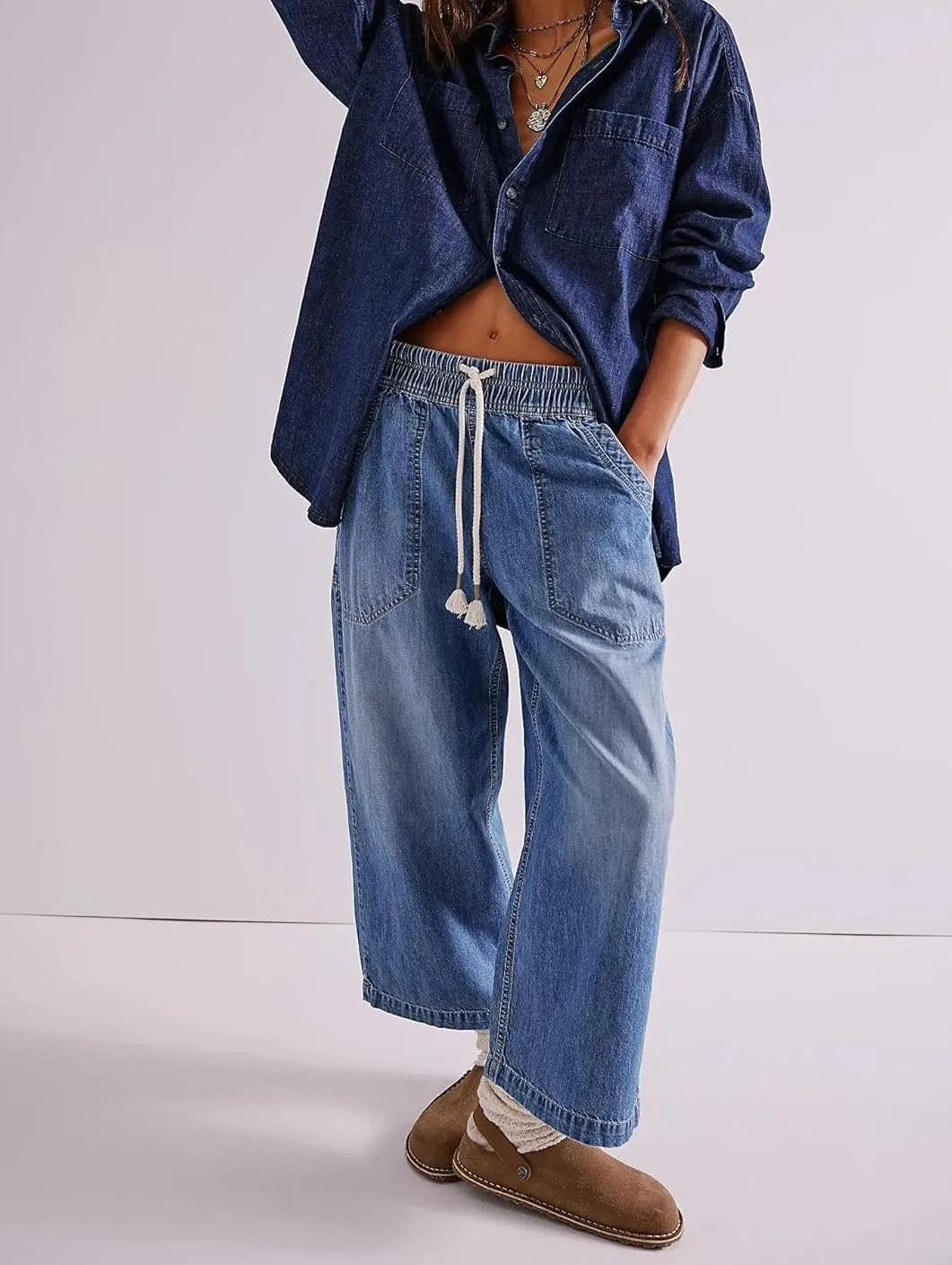 yoeasy Women's Wide Leg Jeans Mid Rise Stretchy Straight Leg Baggy Drawstring Casual Denim Pants