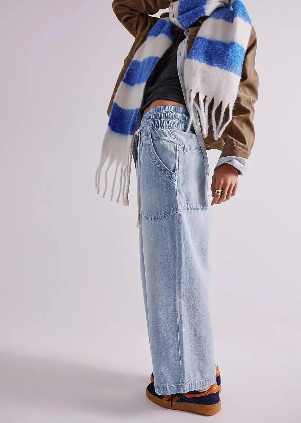 yoeasy Women's Wide Leg Jeans Mid Rise Stretchy Straight Leg Baggy Drawstring Casual Denim Pants