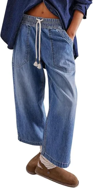 yoeasy Women's Wide Leg Jeans Mid Rise Stretchy Straight Leg Baggy Drawstring Casual Denim Pants