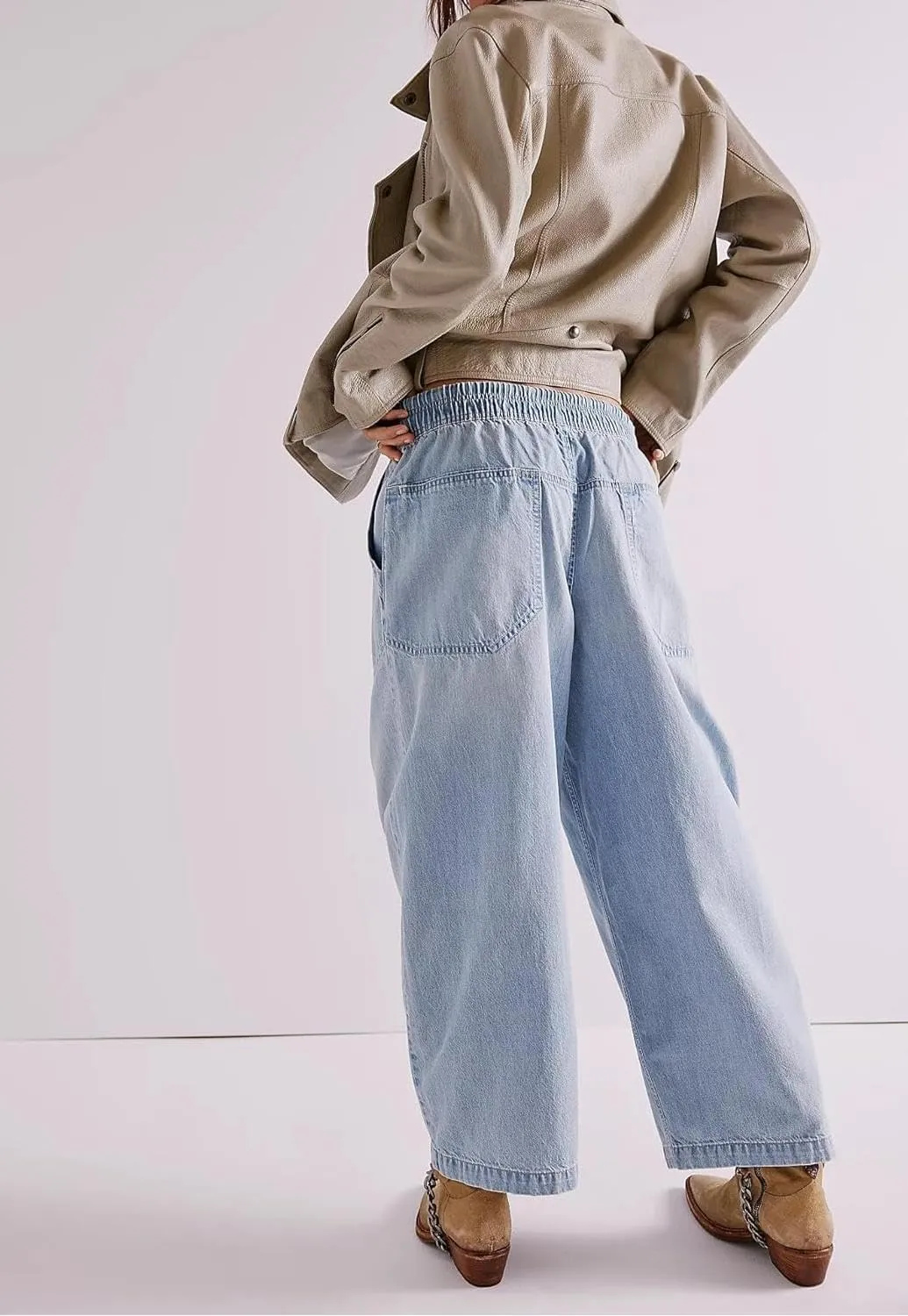 yoeasy Women's Wide Leg Jeans Mid Rise Stretchy Straight Leg Baggy Drawstring Casual Denim Pants