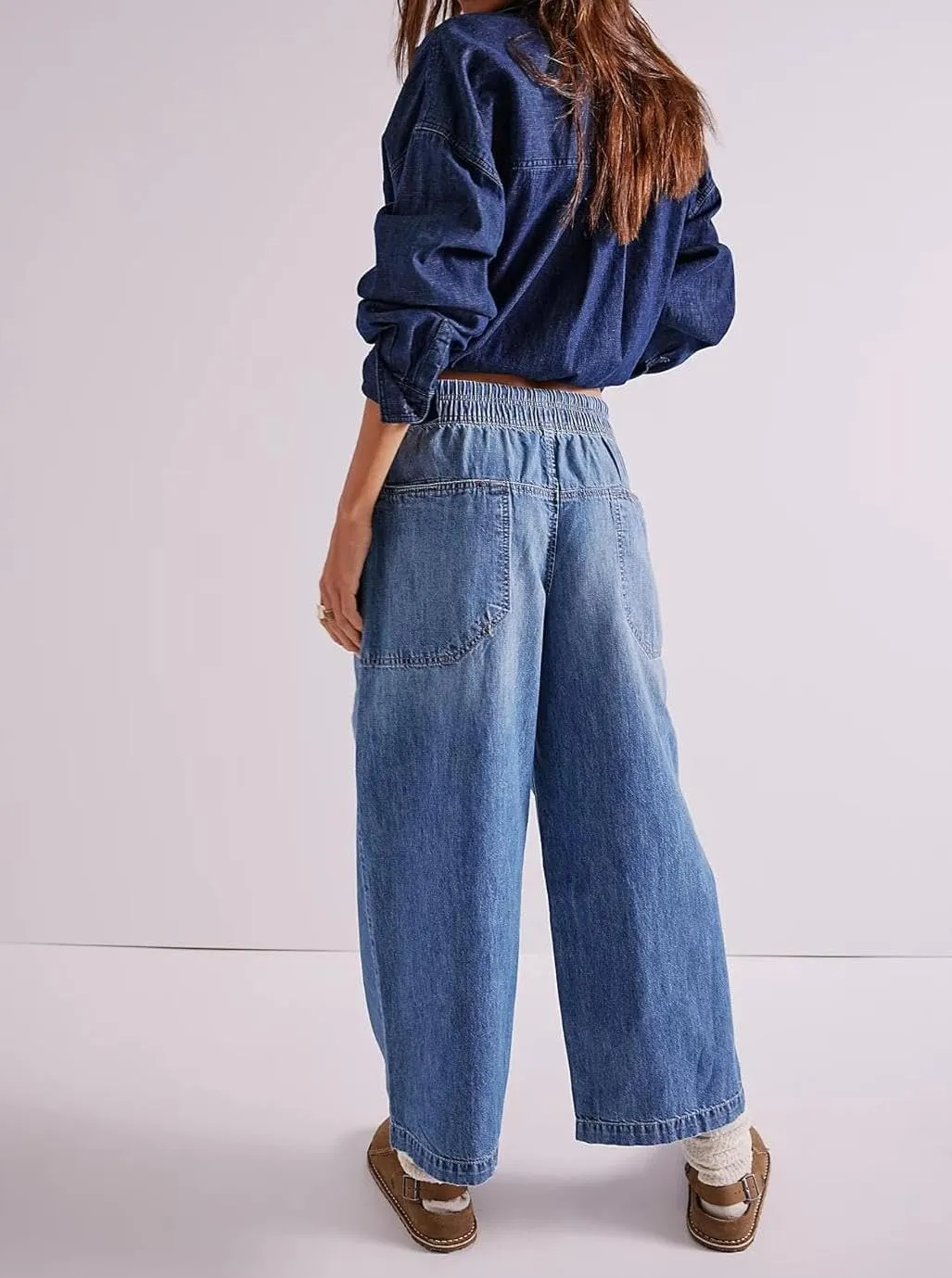 yoeasy Women's Wide Leg Jeans Mid Rise Stretchy Straight Leg Baggy Drawstring Casual Denim Pants
