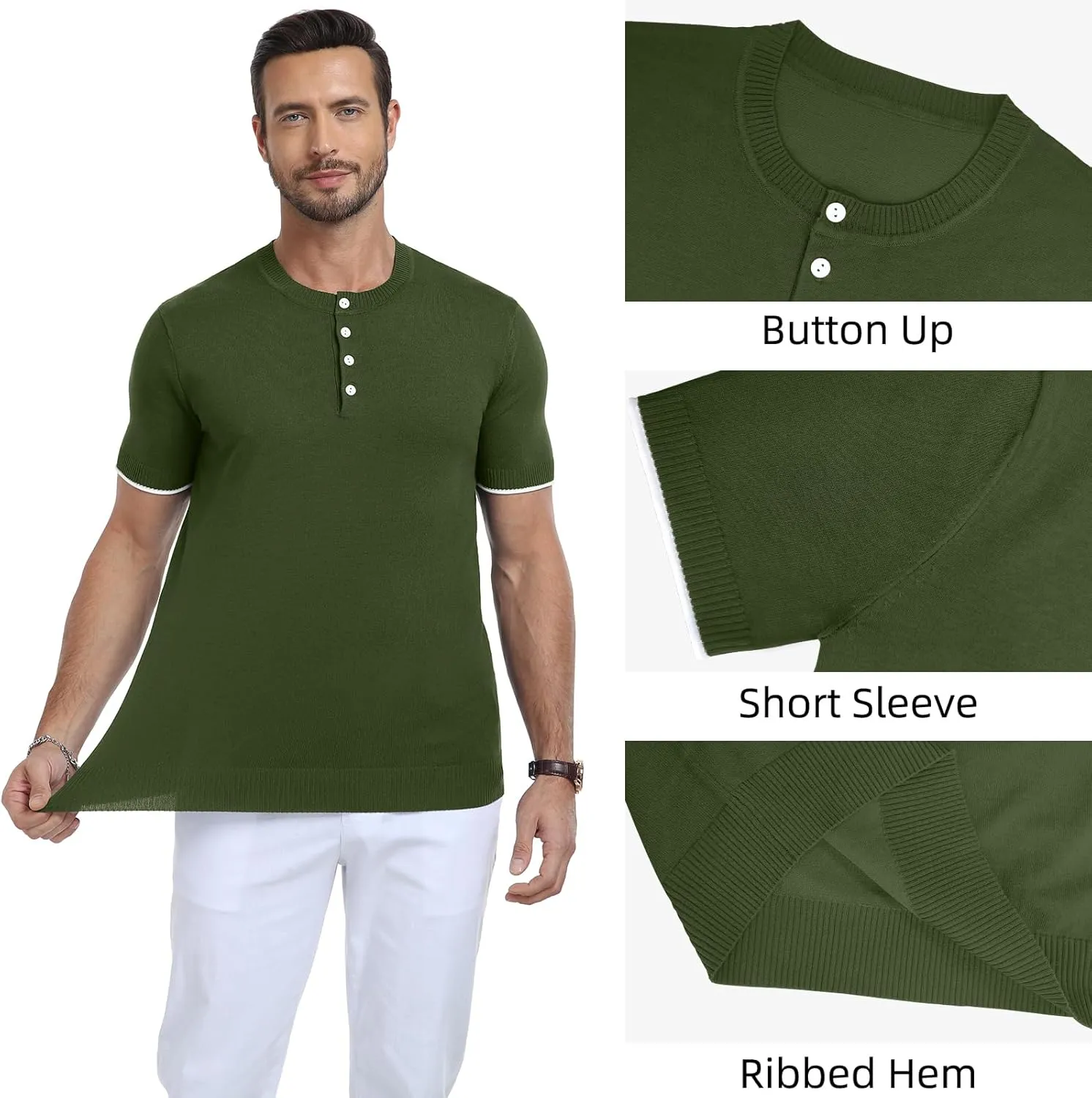 YTD Men's Short Sleeve Henley T-Shirts Casual Knit Shirt Summer Fashion Lightweight Henley Button Tee