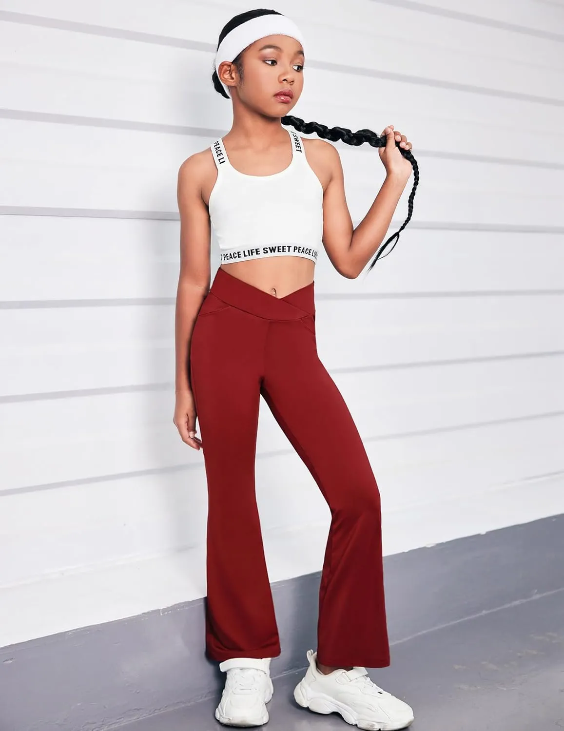 Zaclotre Girls Flare Leggings High Waisted V Crossover Casual Yoga Bell Bottoms with Pockets Pants for Kid