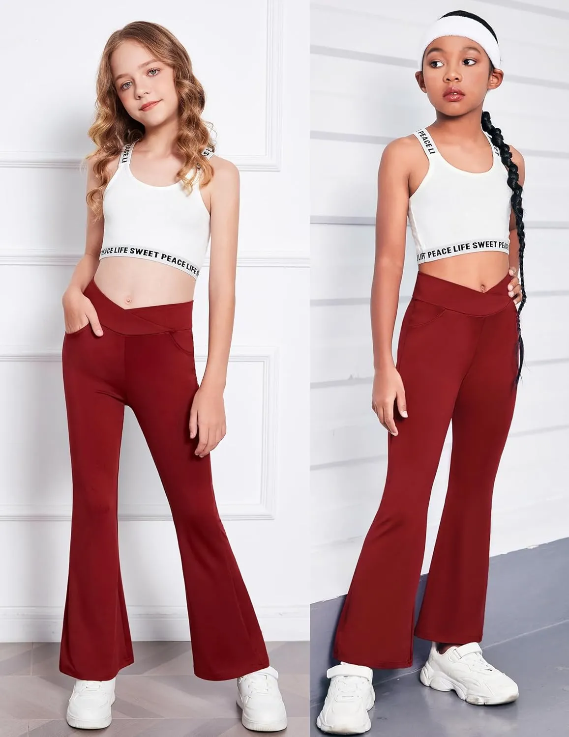 Zaclotre Girls Flare Leggings High Waisted V Crossover Casual Yoga Bell Bottoms with Pockets Pants for Kid