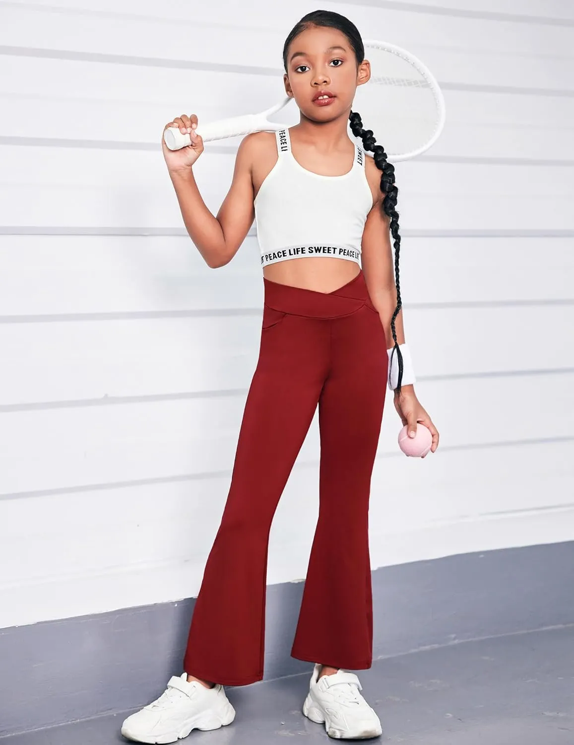 Zaclotre Girls Flare Leggings High Waisted V Crossover Casual Yoga Bell Bottoms with Pockets Pants for Kid