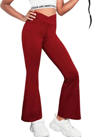 Zaclotre Girls Flare Leggings High Waisted V Crossover Casual Yoga Bell Bottoms with Pockets Pants for Kid