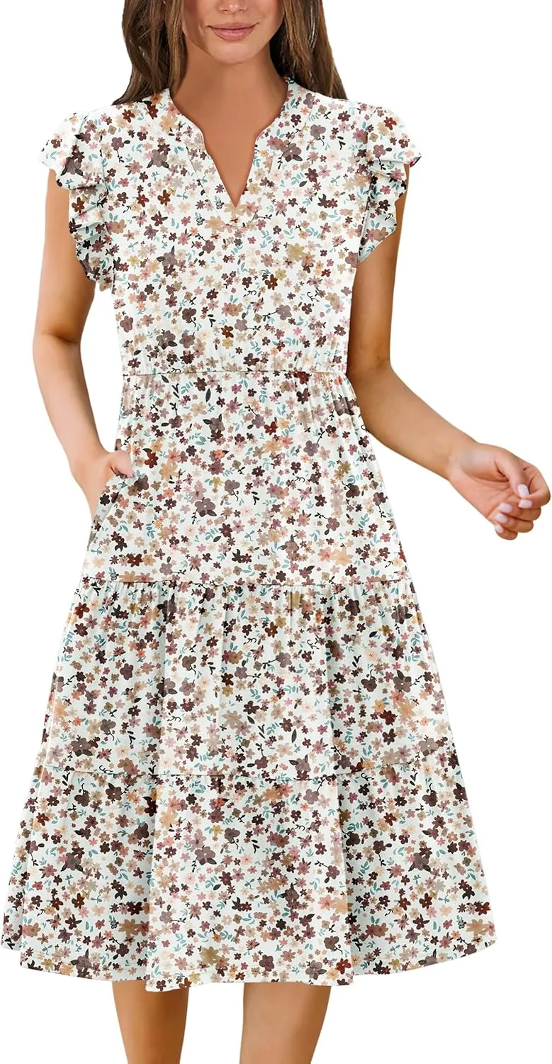 Zeagoo Womens Summer Casual Dresses Ruffle Sleeve V Neck Midi Dress Flowy Tiered Dress with Pockets Boho Sundresses