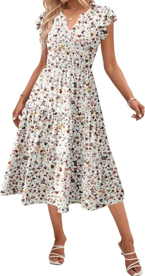 Zeagoo Womens Summer Casual Dresses Ruffle Sleeve V Neck Midi Dress Flowy Tiered Dress with Pockets Boho Sundresses