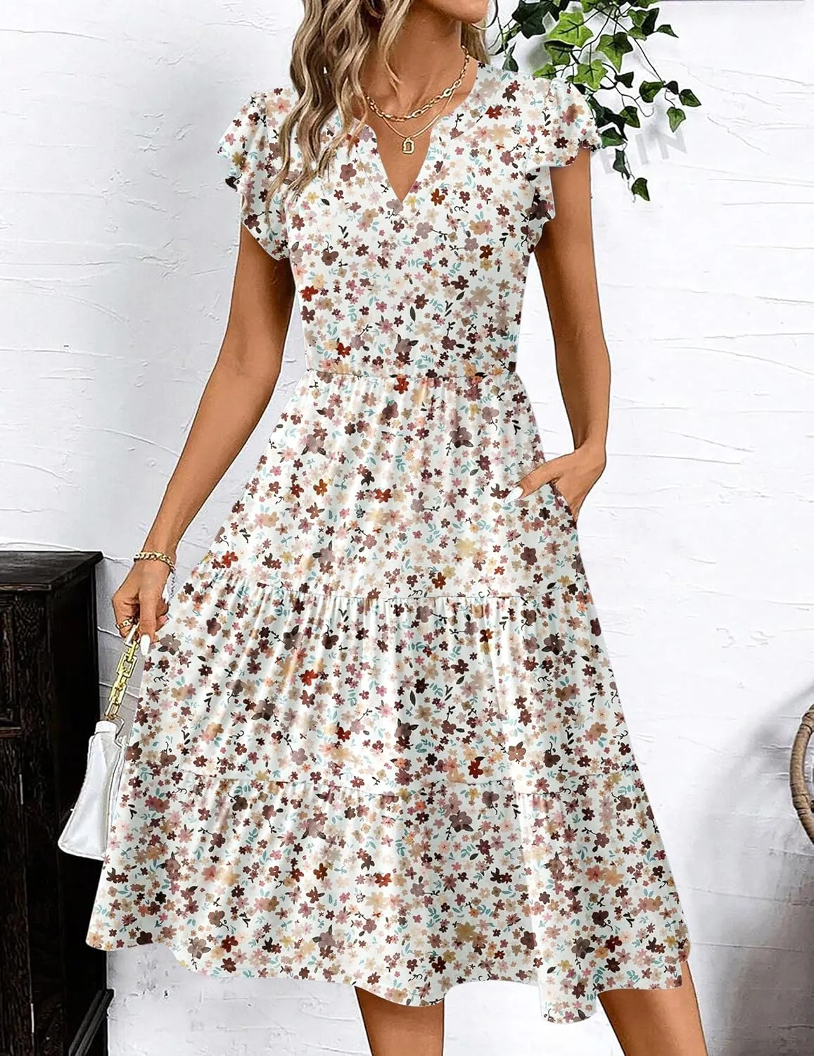 Zeagoo Womens Summer Casual Dresses Ruffle Sleeve V Neck Midi Dress Flowy Tiered Dress with Pockets Boho Sundresses