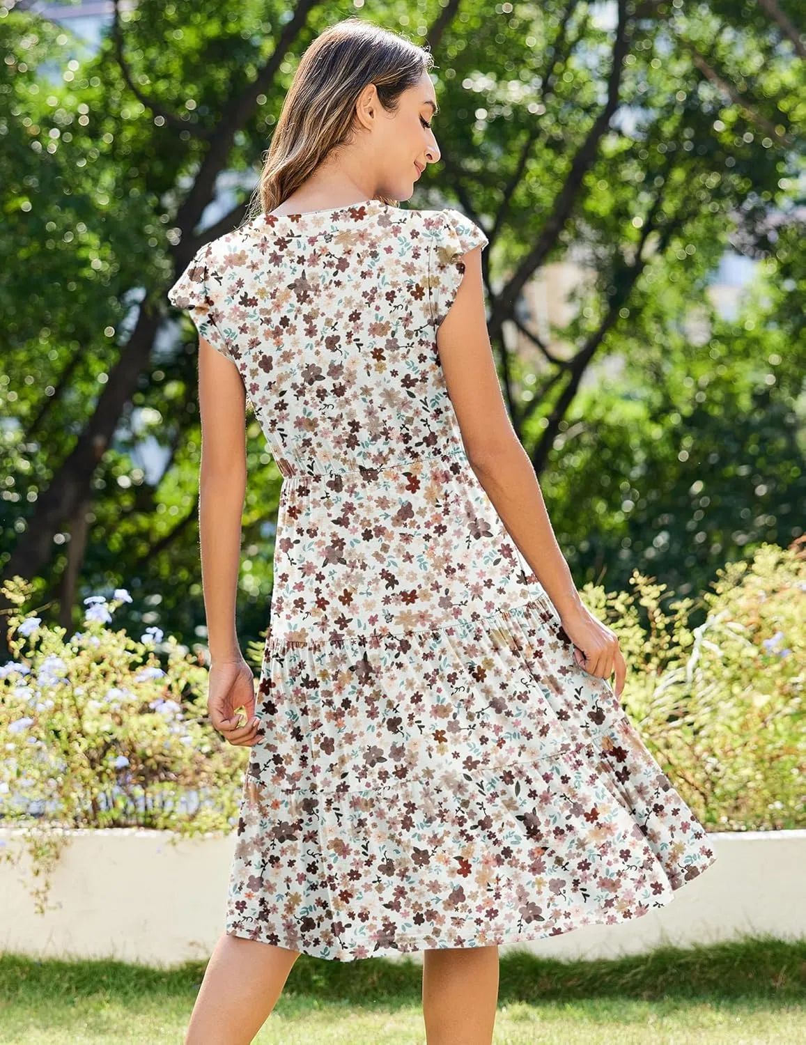 Zeagoo Womens Summer Casual Dresses Ruffle Sleeve V Neck Midi Dress Flowy Tiered Dress with Pockets Boho Sundresses