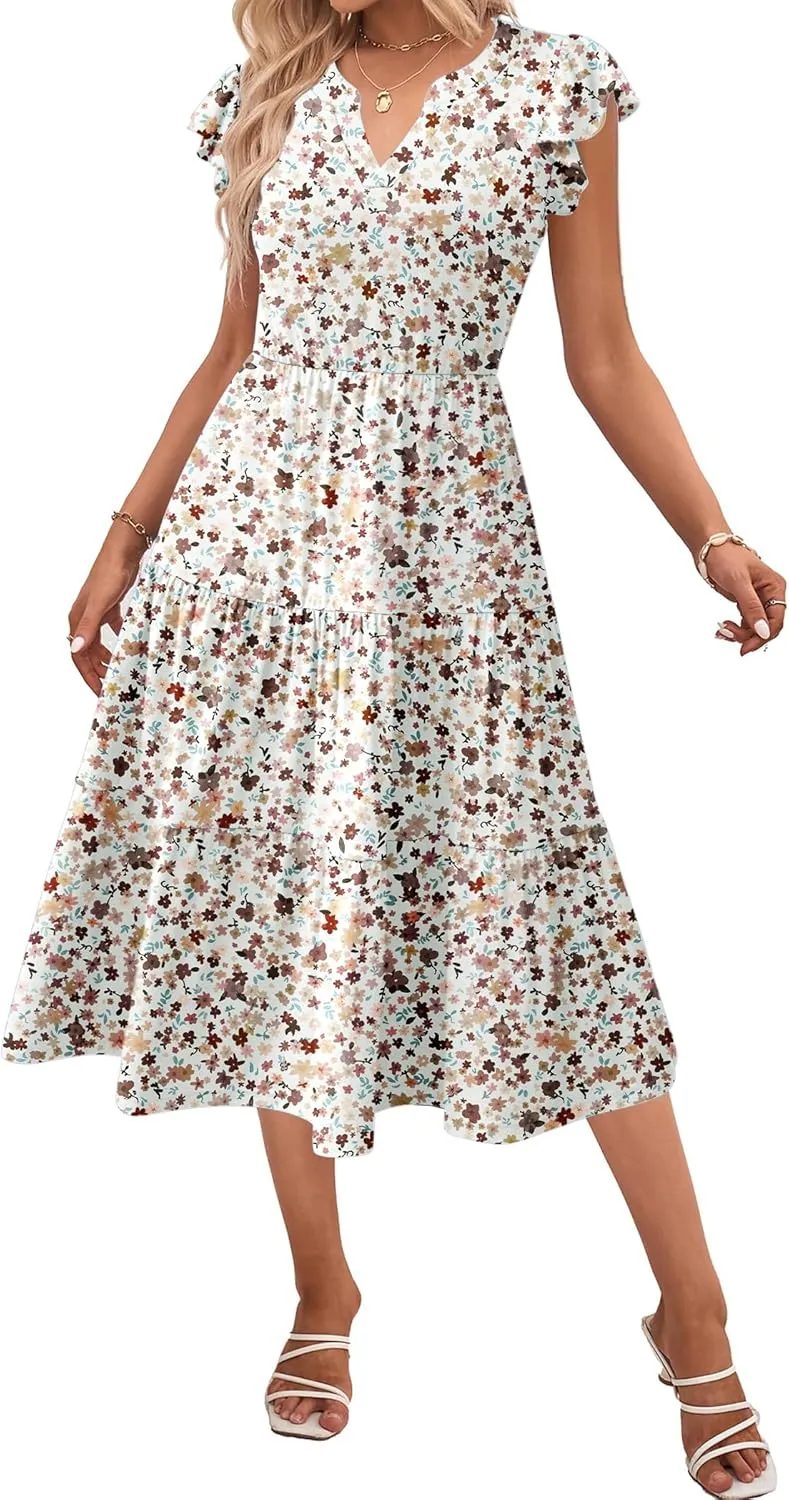 Zeagoo Womens Summer Casual Dresses Ruffle Sleeve V Neck Midi Dress Flowy Tiered Dress with Pockets Boho Sundresses