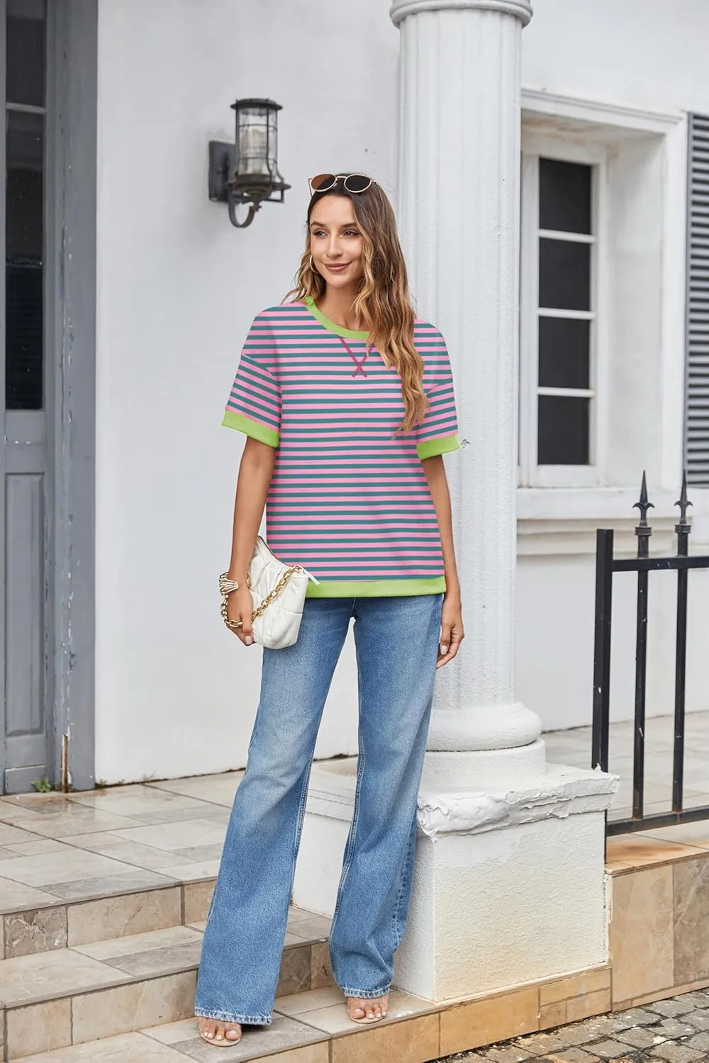 Zeagoo Womens Summer Tops Oversized Crewneck Short Sleeve T Shirts Casual Loose Fit Blouse Y2K 2025 Striped Basic Tee
