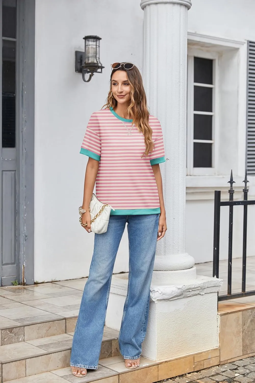 Zeagoo Womens Summer Tops Oversized Crewneck Short Sleeve T Shirts Casual Loose Fit Blouse Y2K 2025 Striped Basic Tee