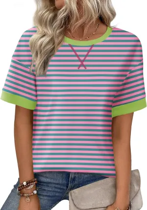 Zeagoo Womens Summer Tops Oversized Crewneck Short Sleeve T Shirts Casual Loose Fit Blouse Y2K 2025 Striped Basic Tee