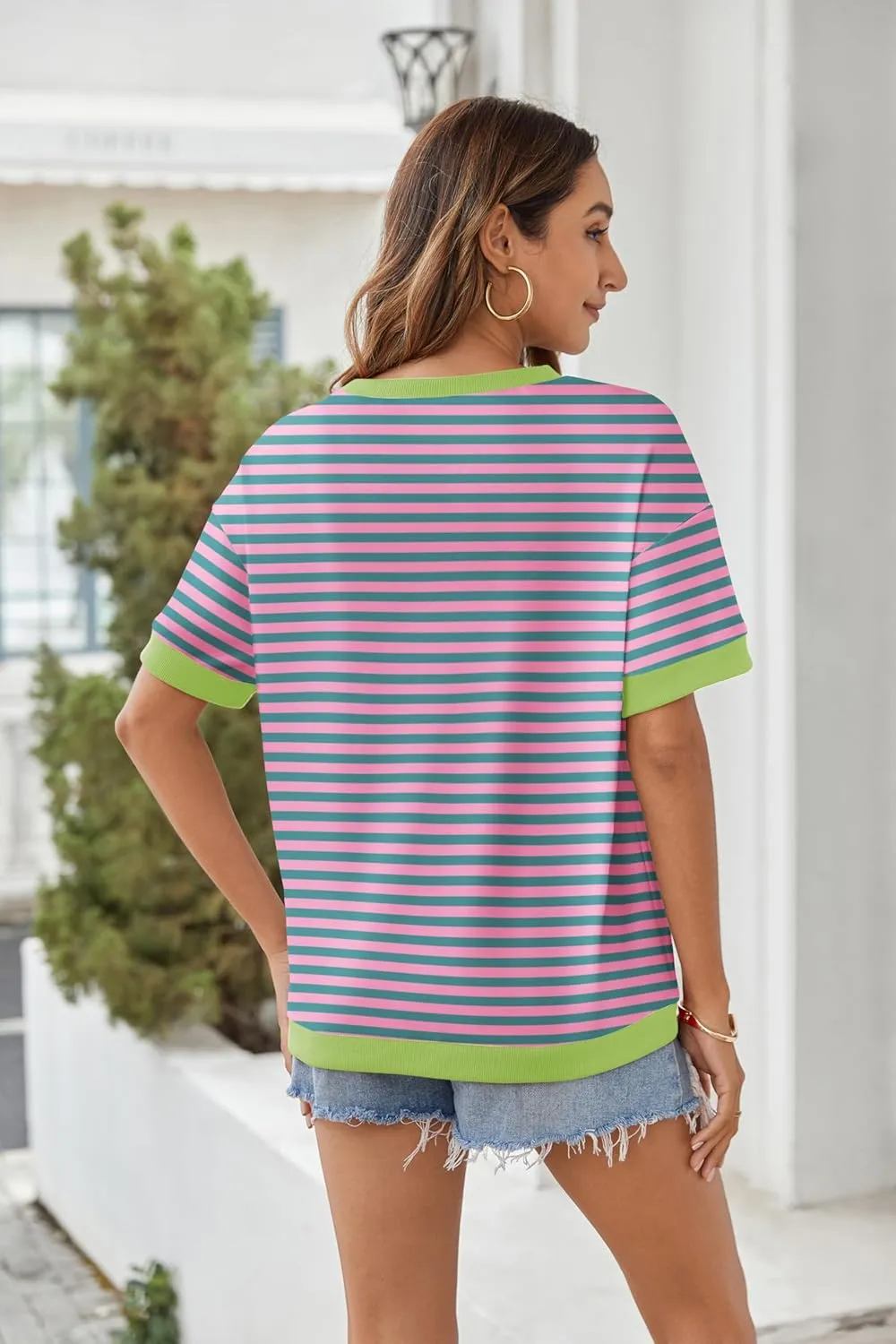 Zeagoo Womens Summer Tops Oversized Crewneck Short Sleeve T Shirts Casual Loose Fit Blouse Y2K 2025 Striped Basic Tee