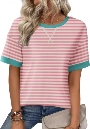 Zeagoo Womens Summer Tops Oversized Crewneck Short Sleeve T Shirts Casual Loose Fit Blouse Y2K 2025 Striped Basic Tee