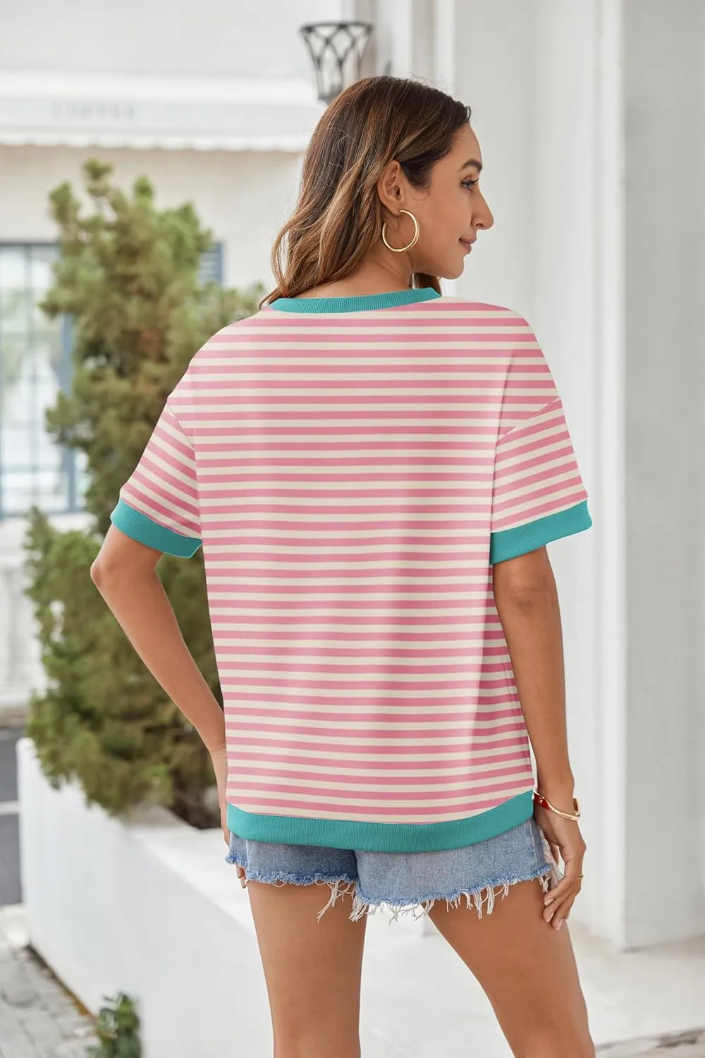 Zeagoo Womens Summer Tops Oversized Crewneck Short Sleeve T Shirts Casual Loose Fit Blouse Y2K 2025 Striped Basic Tee