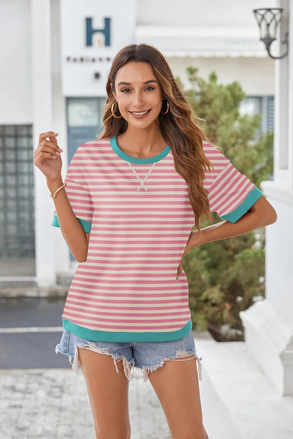 Zeagoo Womens Summer Tops Oversized Crewneck Short Sleeve T Shirts Casual Loose Fit Blouse Y2K 2025 Striped Basic Tee