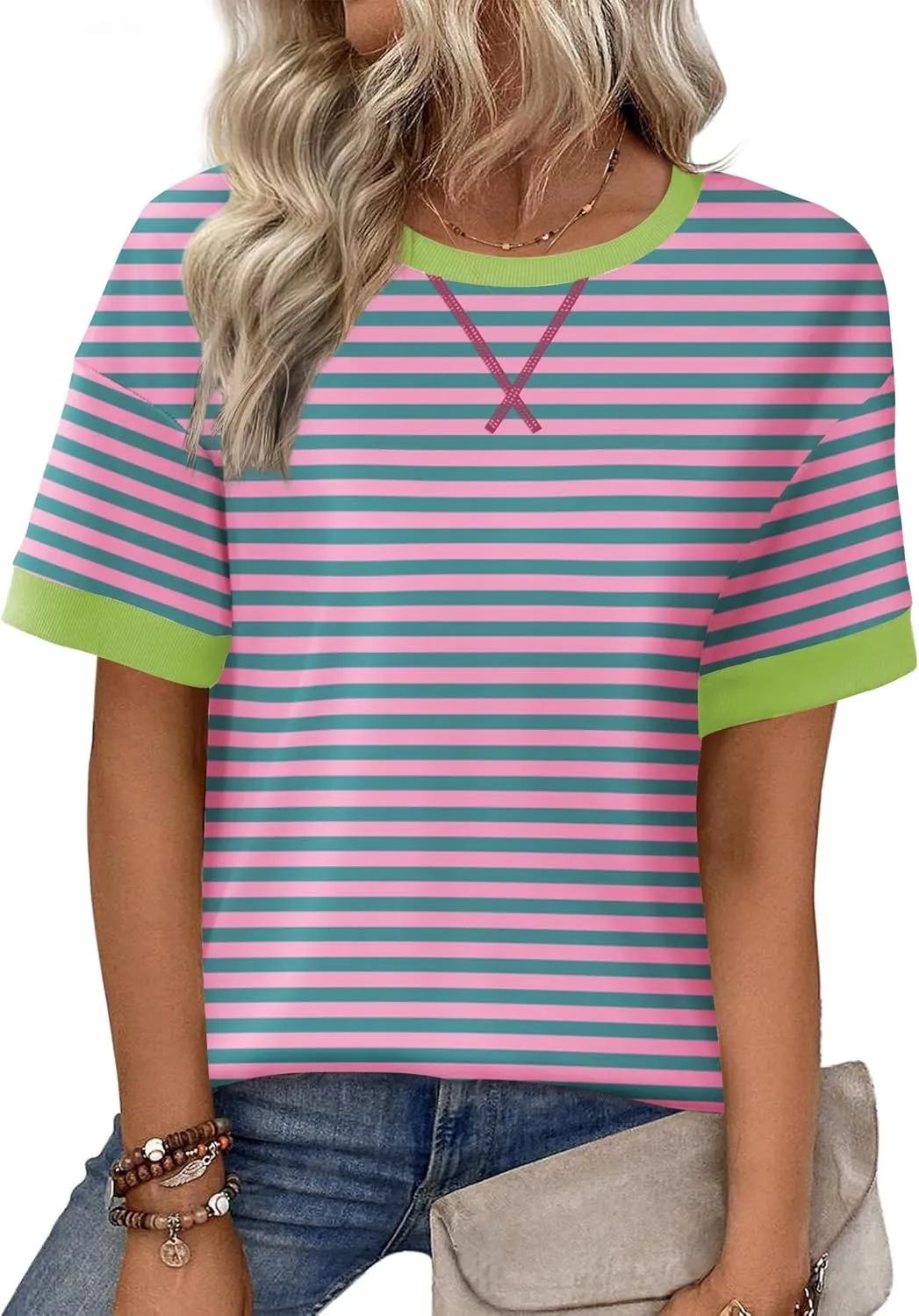 Zeagoo Womens Summer Tops Oversized Crewneck Short Sleeve T Shirts Casual Loose Fit Blouse Y2K 2025 Striped Basic Tee