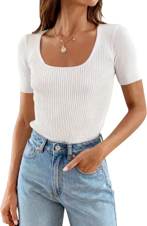 ZESICA Women's 2025 Short Sleeve Square Neck T Shirts Slim Fitted Summer Ribbed Knit Basic Casual Tee Tops