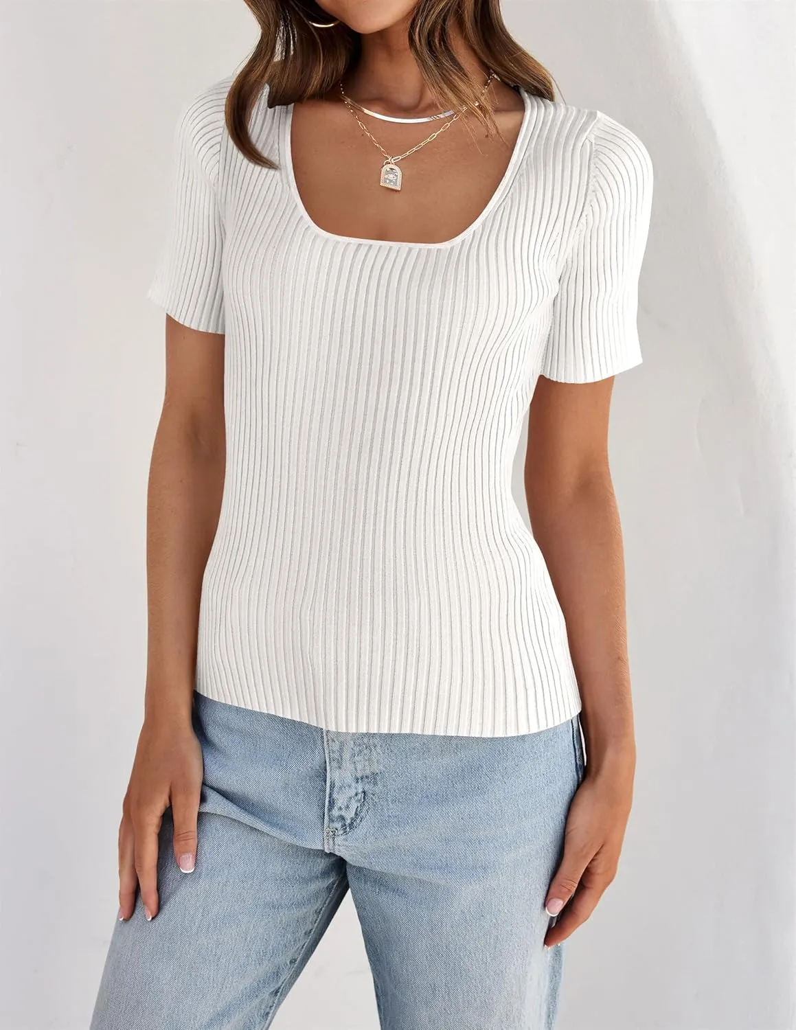 ZESICA Women's 2025 Short Sleeve Square Neck T Shirts Slim Fitted Summer Ribbed Knit Basic Casual Tee Tops