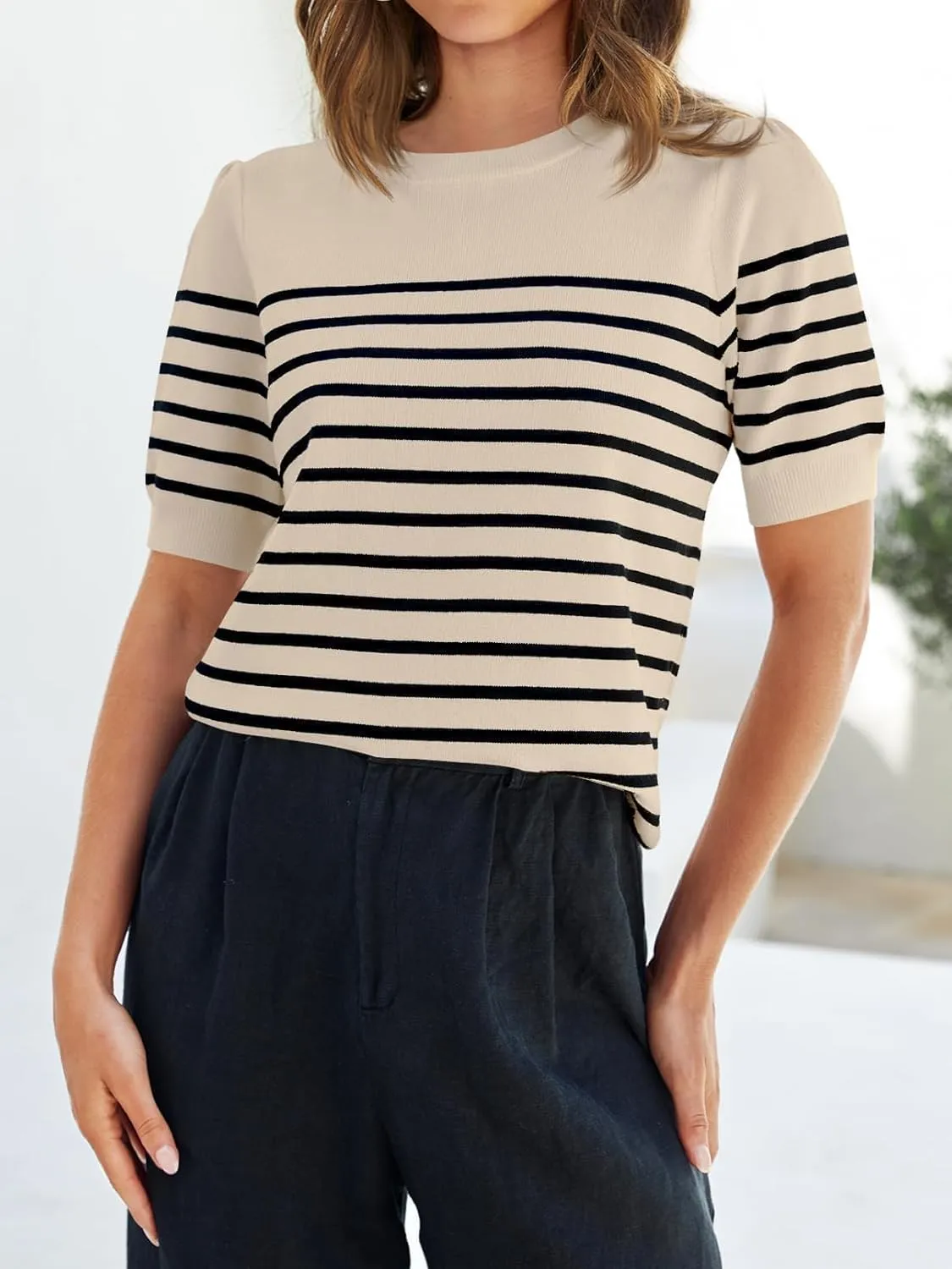 ZESICA Women's Casual Striped Tops Short Sleeve Crew Neck Ribbed Knit T Shirts Comfy Loose Basic Pullover Sweater