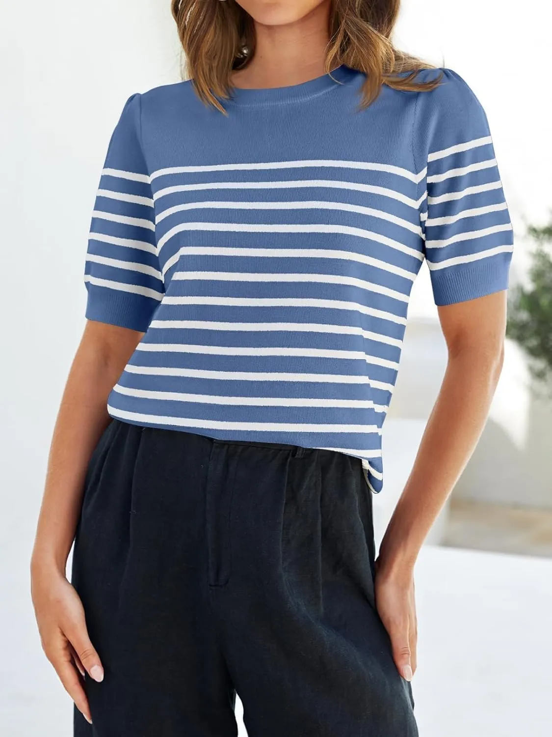 ZESICA Women's Casual Striped Tops Short Sleeve Crew Neck Ribbed Knit T Shirts Comfy Loose Basic Pullover Sweater