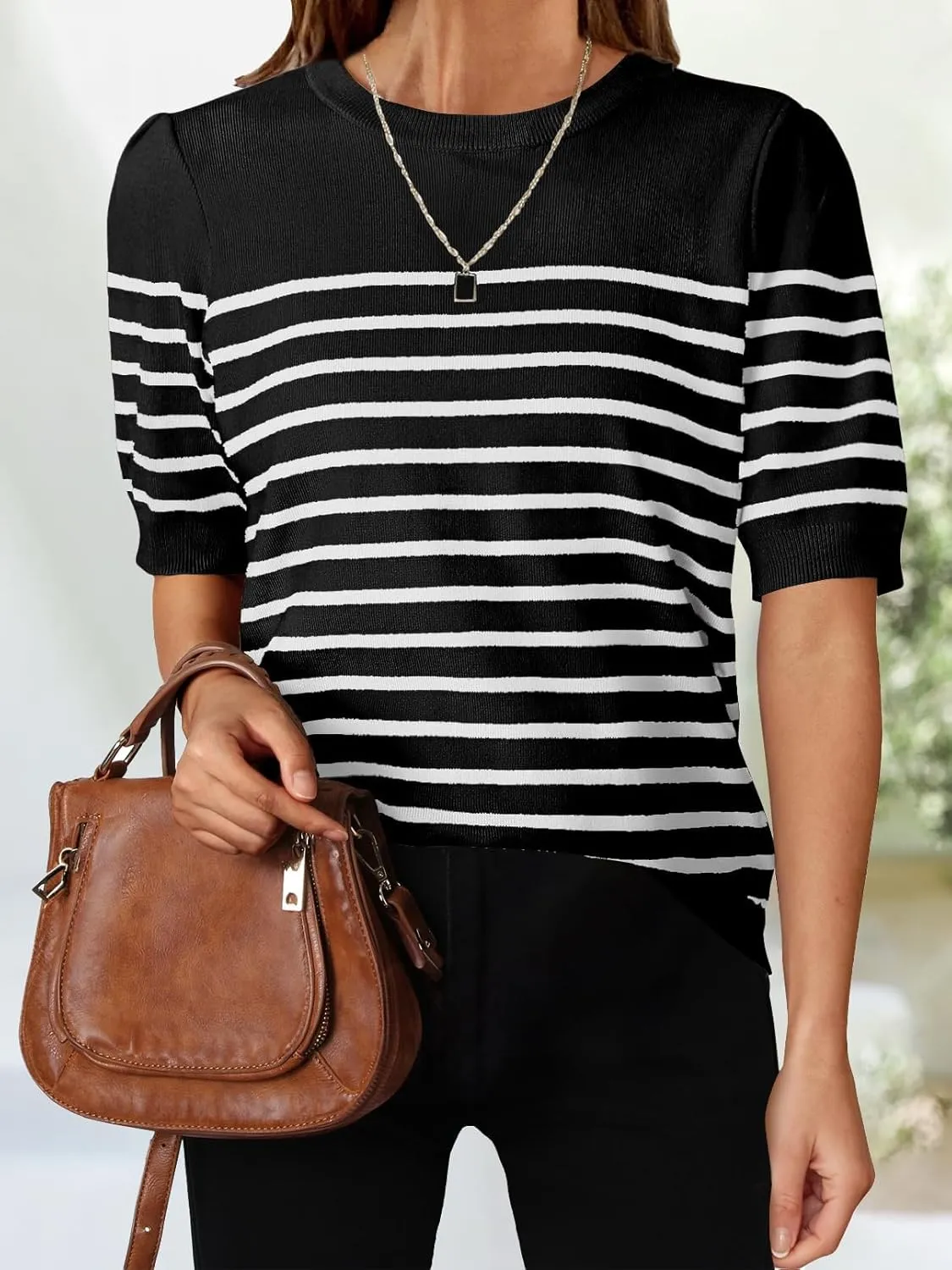 ZESICA Women's Casual Striped Tops Short Sleeve Crew Neck Ribbed Knit T Shirts Comfy Loose Basic Pullover Sweater