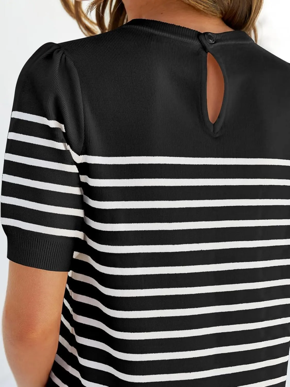 ZESICA Women's Casual Striped Tops Short Sleeve Crew Neck Ribbed Knit T Shirts Comfy Loose Basic Pullover Sweater