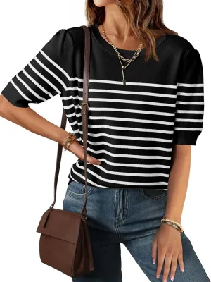 ZESICA Women's Casual Striped Tops Short Sleeve Crew Neck Ribbed Knit T Shirts Comfy Loose Basic Pullover Sweater