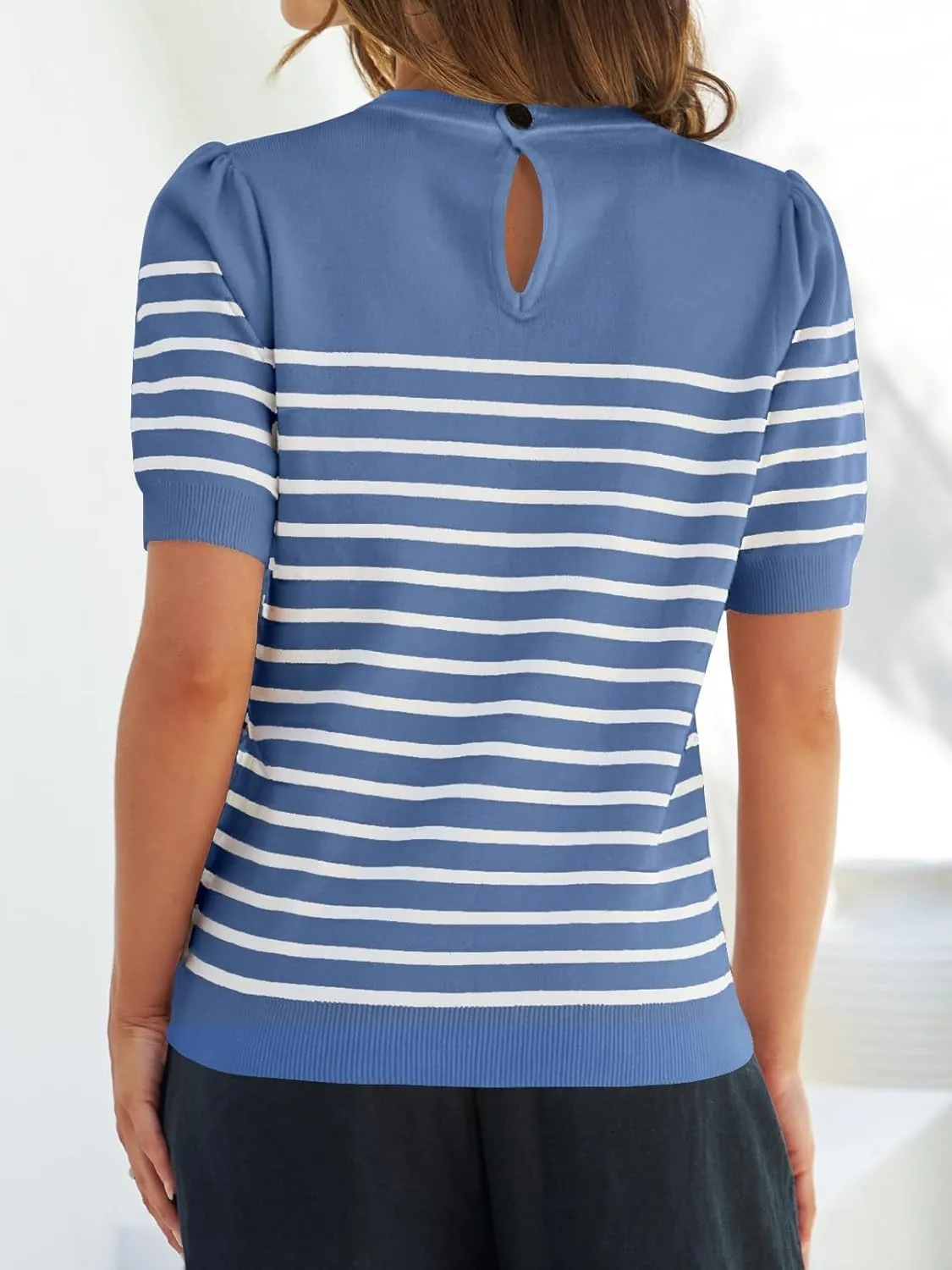 ZESICA Women's Casual Striped Tops Short Sleeve Crew Neck Ribbed Knit T Shirts Comfy Loose Basic Pullover Sweater