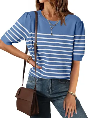 ZESICA Women's Casual Striped Tops Short Sleeve Crew Neck Ribbed Knit T Shirts Comfy Loose Basic Pullover Sweater