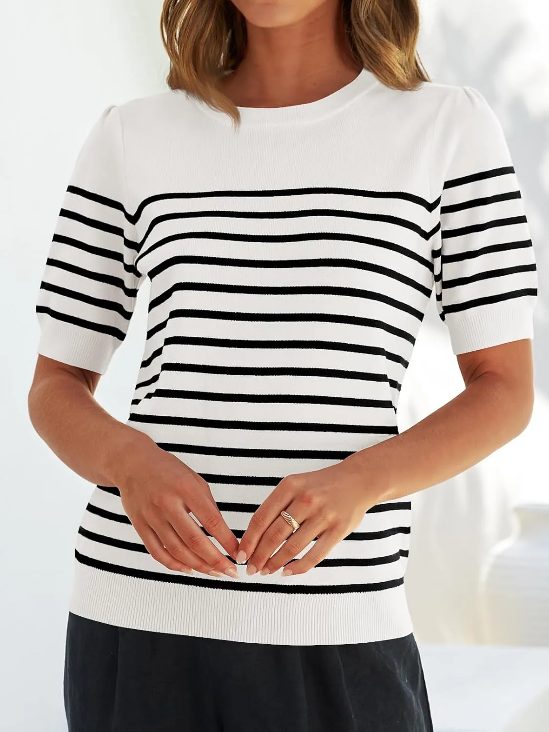 ZESICA Women's Casual Striped Tops Short Sleeve Crew Neck Ribbed Knit T Shirts Comfy Loose Basic Pullover Sweater