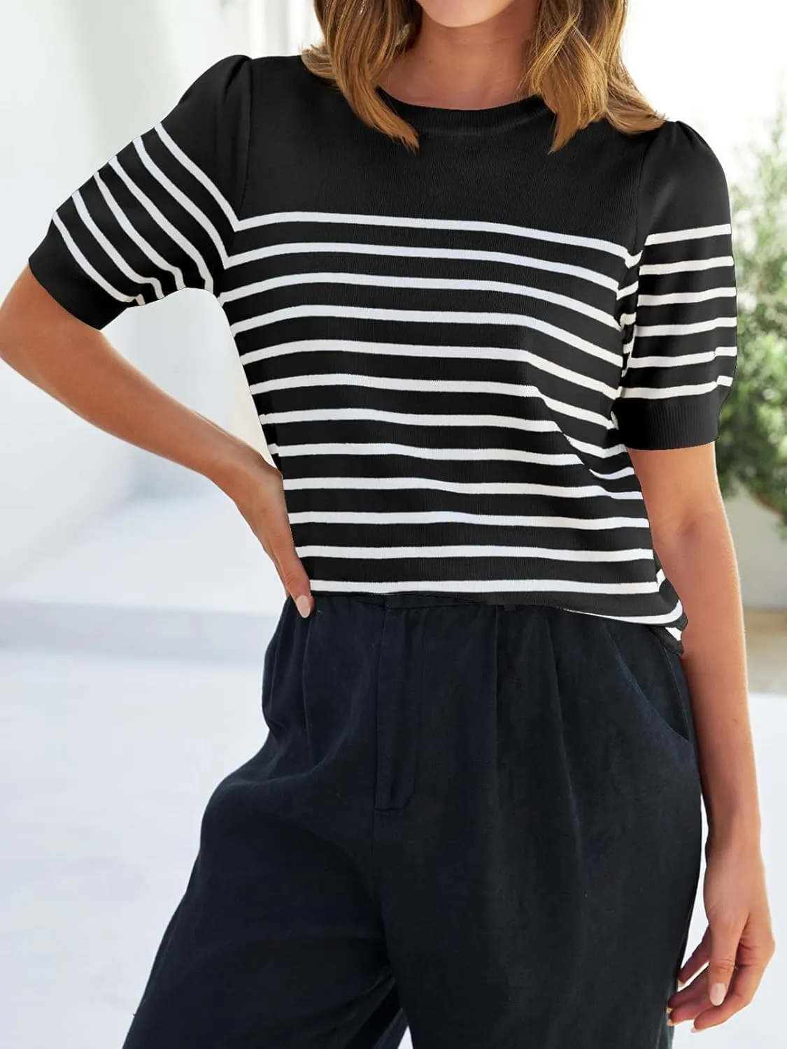 ZESICA Women's Casual Striped Tops Short Sleeve Crew Neck Ribbed Knit T Shirts Comfy Loose Basic Pullover Sweater