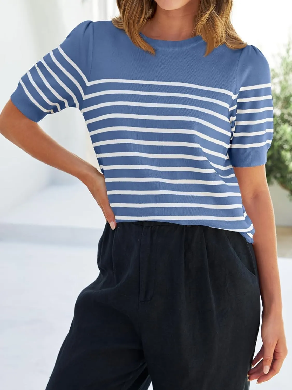 ZESICA Women's Casual Striped Tops Short Sleeve Crew Neck Ribbed Knit T Shirts Comfy Loose Basic Pullover Sweater