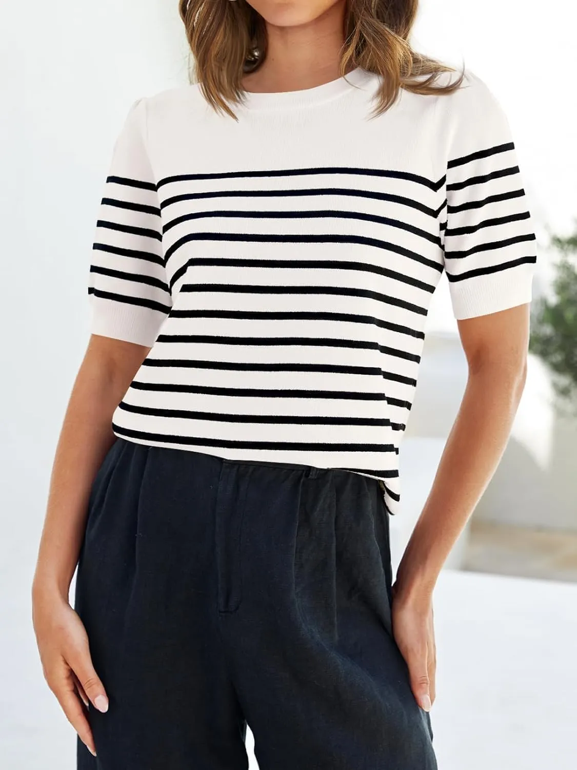 ZESICA Women's Casual Striped Tops Short Sleeve Crew Neck Ribbed Knit T Shirts Comfy Loose Basic Pullover Sweater