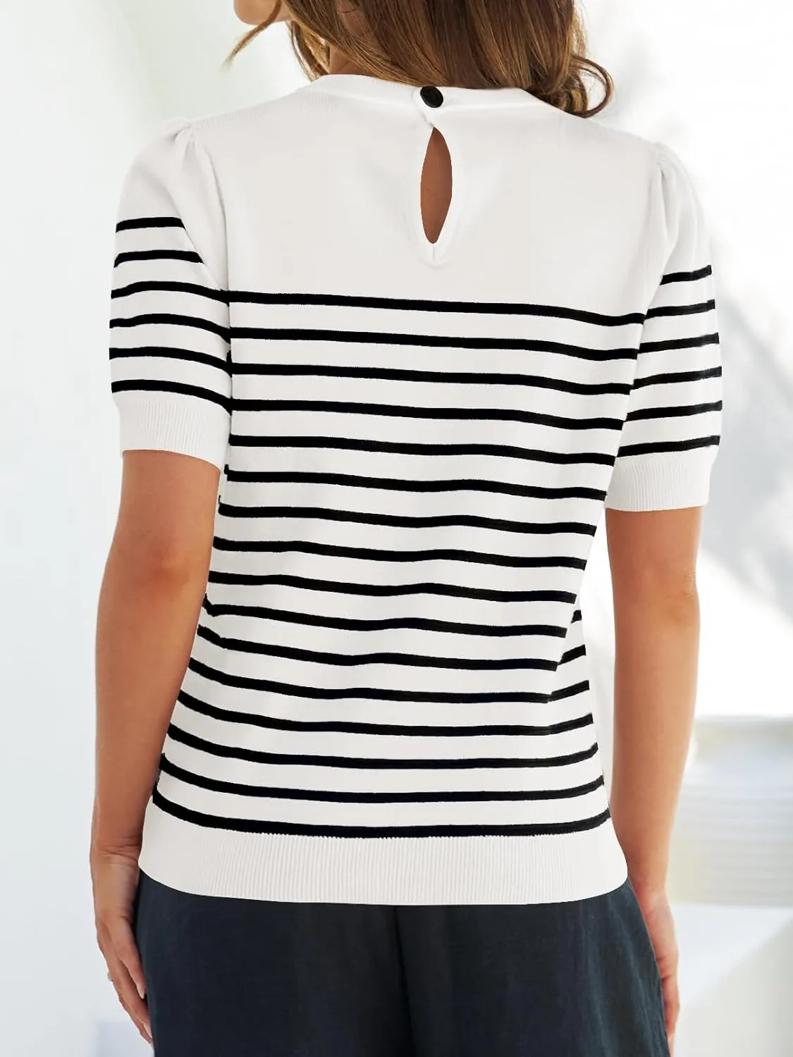 ZESICA Women's Casual Striped Tops Short Sleeve Crew Neck Ribbed Knit T Shirts Comfy Loose Basic Pullover Sweater